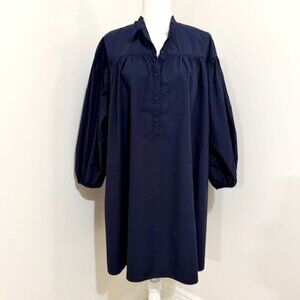 Tomas Maier Uniqlo Cotton Poplin Gathered Long Sleeve Babydoll Dress Blue Size L
